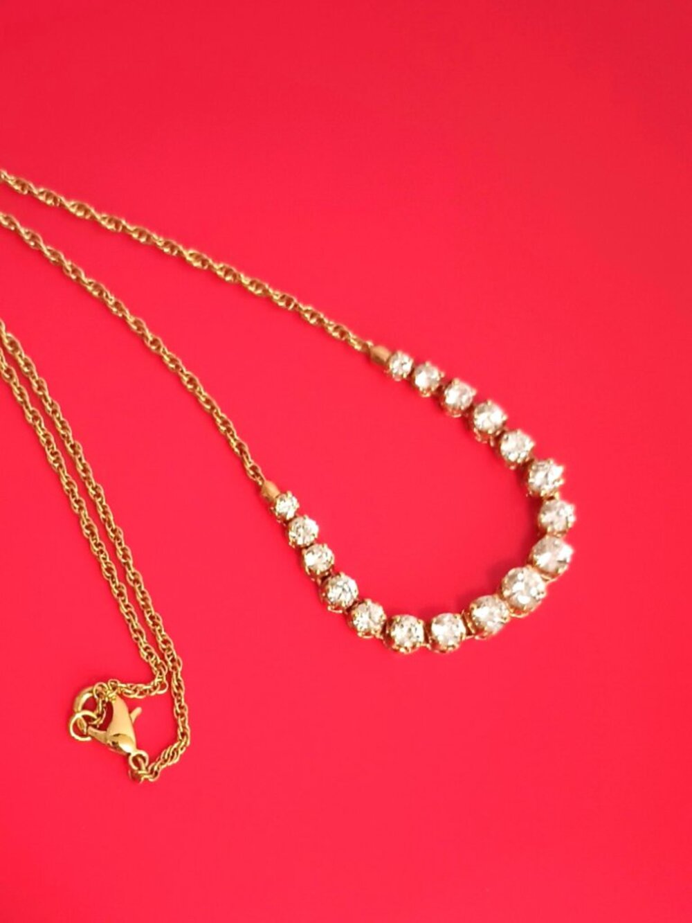 Gold Tone Graduated CZ Necklace 18" Rope Chain Delicate 17 Stone Jewelry